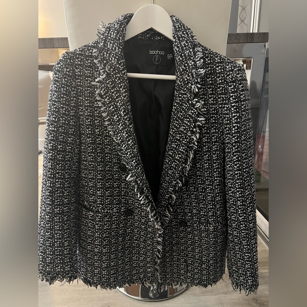 Boohoo Black and White Tweed Blazer